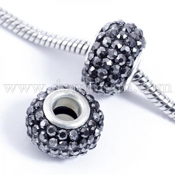 Шармы Евробусины из Смолы и Страз, класс А, Вставка из Латуни, Рондель, Цвет Страз: Темно-серый, Размер: 15х10мм, Отв. 5мм, (УТ0029571)