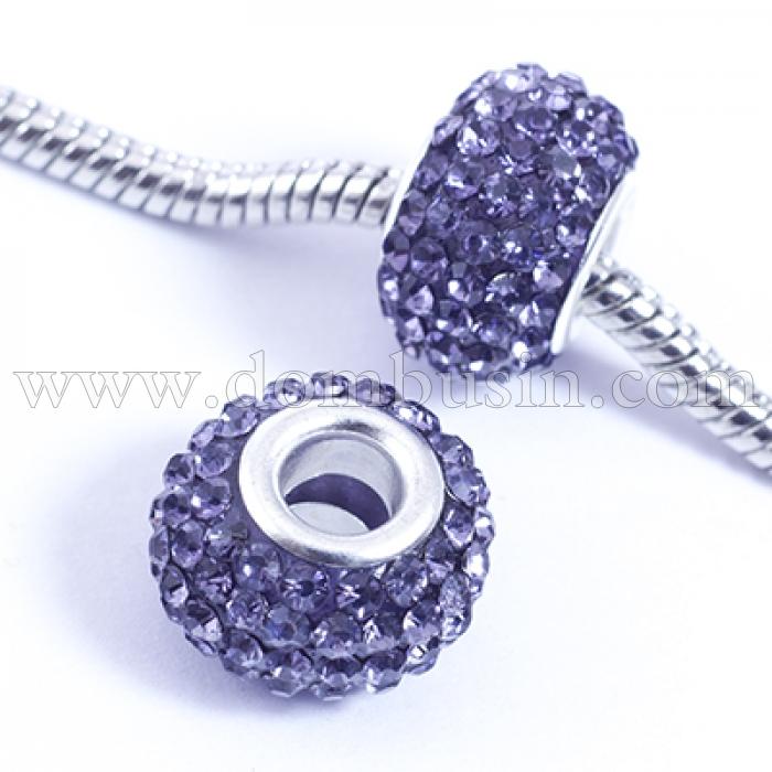 Шармы Евробусины из Смолы и Страз, класс А, Вставка из Латуни, Рондель, Цвет Страз: Сиреневый, Размер: 15х10мм, Отв. 5мм, (УТ0029573)