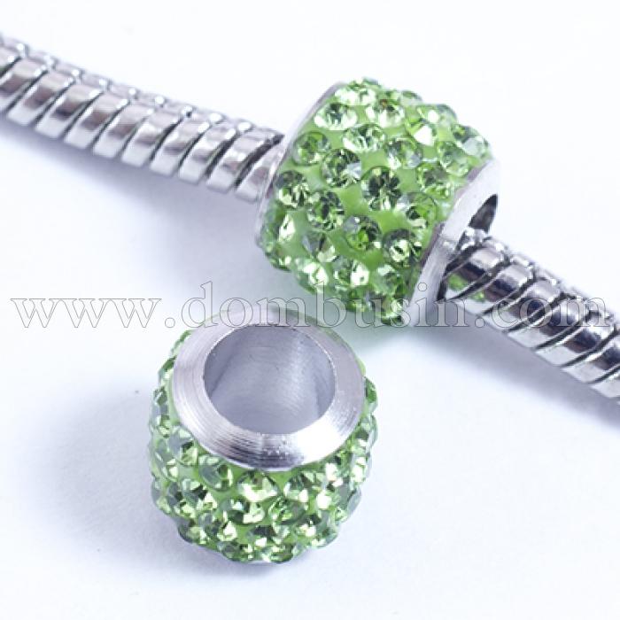 Шармы Евробусины Латунь и Стразы класс А, с Полимерной Глиной, Цилиндр, Цвет Страз: Перидот, Размер: 8.5х7.5мм, Отв. 5мм, (УТ0029577)