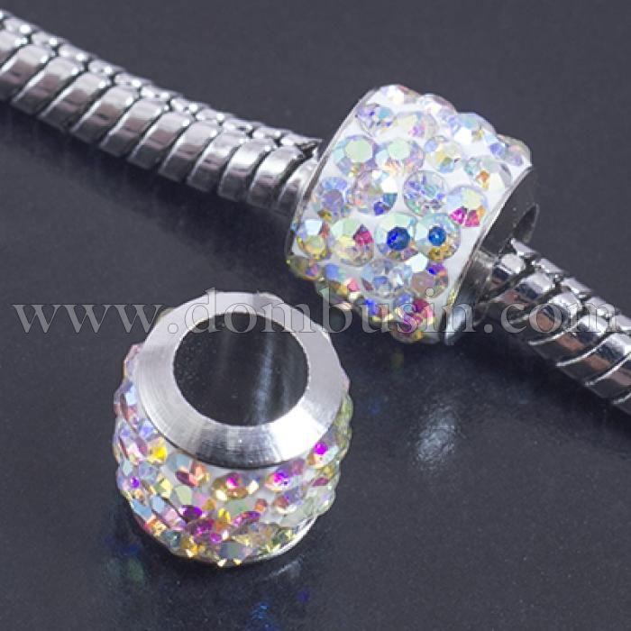 Шармы Евробусины Латунь и Стразы класс А, с Полимерной Глиной, Цилиндр, Цвет Страз: Кристал АВ, Размер: 8.5х7.5мм, Отв. 5мм, (УТ0028971)
