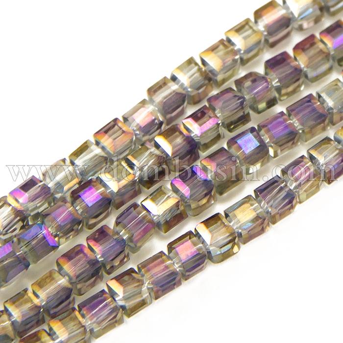 Бусины Гальваника Стекло, Кубики Граненые, Цвет: Индиго, Размер: 4х4х4мм, Отв-тие 1мм, около 100шт/55см/нить, (УТ0028913)