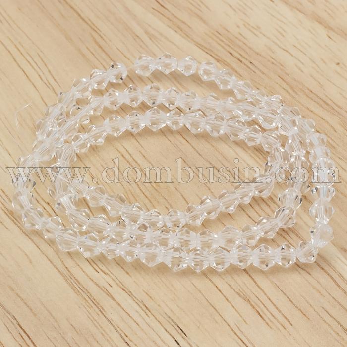 Бусины Граненые Биконус 4мм, Прозрачное Стекло, Цвет: Бесцветный, Диаметр: 4мм, Отв-тие 1мм, около 70шт/26см/нить, (УТ0029280)