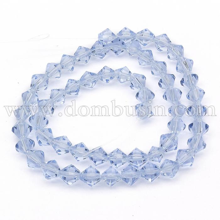 Бусины Граненые Биконус 6мм, Прозрачное Стекло, Цвет: Голубой, Диаметр: 6мм, Отв-тие 1мм, около 55шт/34см/нить, (УТ0029312)