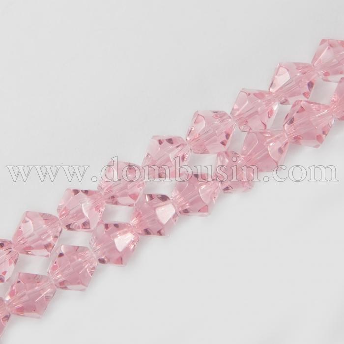 Намистини Грановані Біконус 8мм, Прозоре Скло, Колір: Рожевий, Діаметр: 8 мм, Отвір 1мм, близько 42шт/32см/нитка, (УТ0029316)