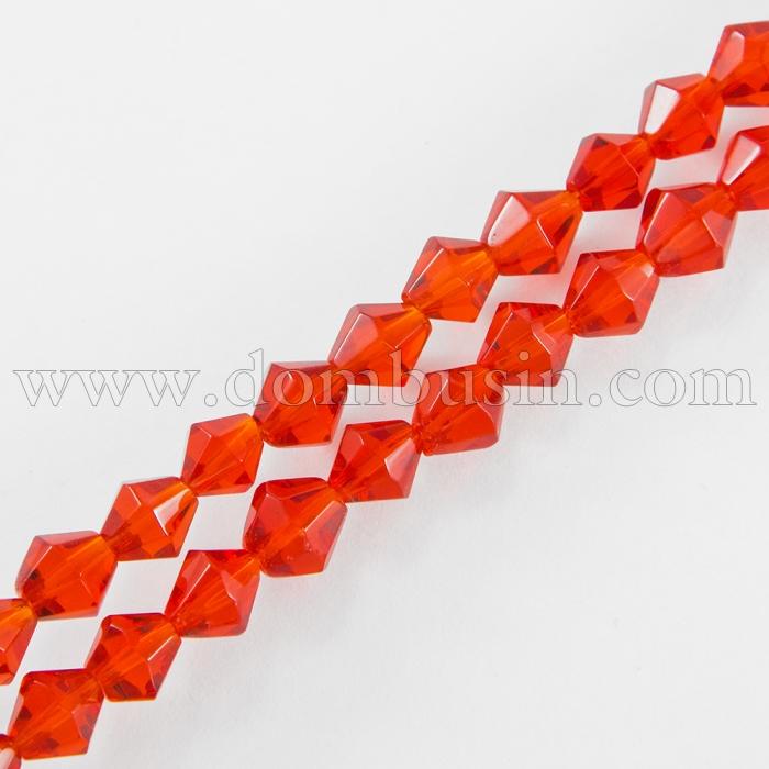 Намистини Грановані Біконус 8мм, Прозоре Скло, Колір: Червоний, Діаметр: 8 мм, Отвір 1мм, близько 42шт/32см/нитка, (УТ0029318)