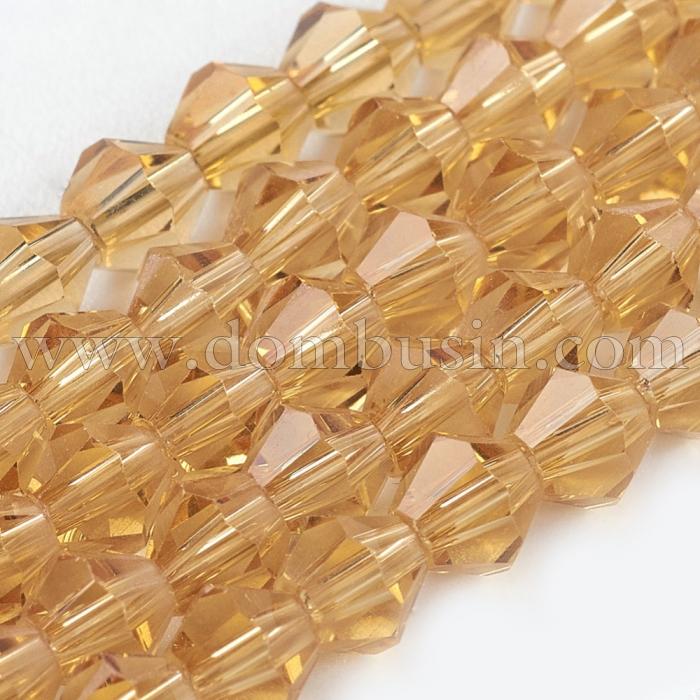 Намистини Австрійський Кришталь, Імітація, Скло, Грановані Біконус, Колір: Золотистий, Розмір: 6х6мм, Отвір: 1мм, близько 50шт/30см/нитка, (УТ0029303)