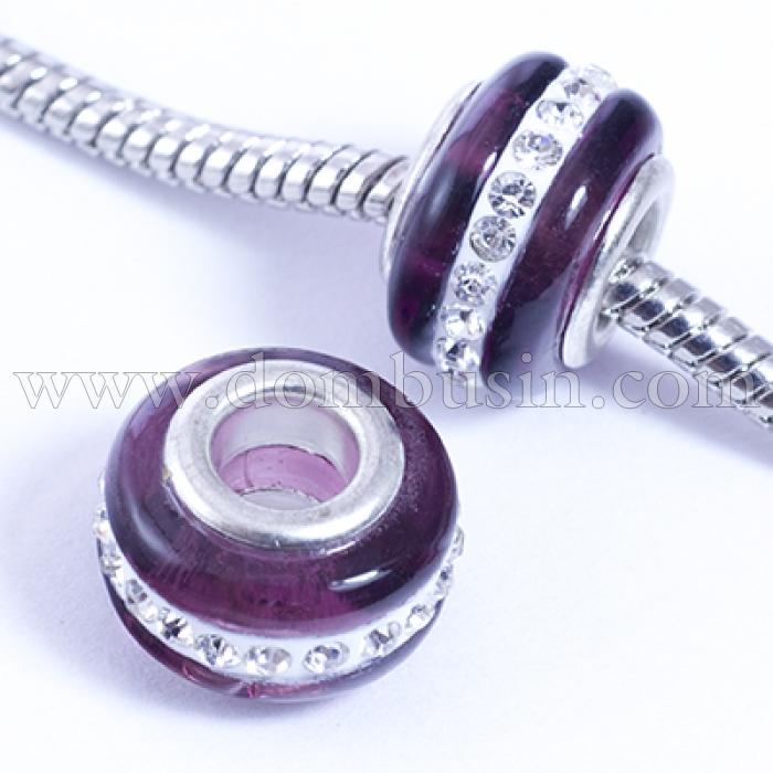 Шармы Евробусины Лэмпворк, Ручная Работа, Вставка из Латуни, Стразы Горный Хрусталь, Рондель, Пурпурный, 13х9мм, Отв-тие 5мм, (УТ0028954)