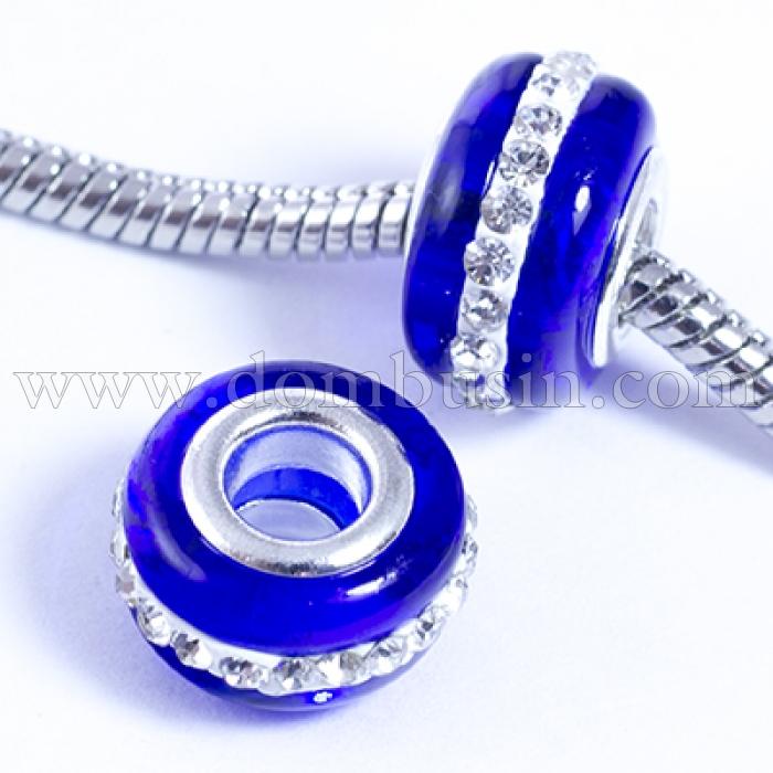 Шармы Евробусины Лэмпворк, Ручная Работа, Вставка из Латуни, Стразы Горный Хрусталь, Рондель, Цвет: Синий, Размер: 13х9мм, Отв-тие 5мм, (УТ0029582)