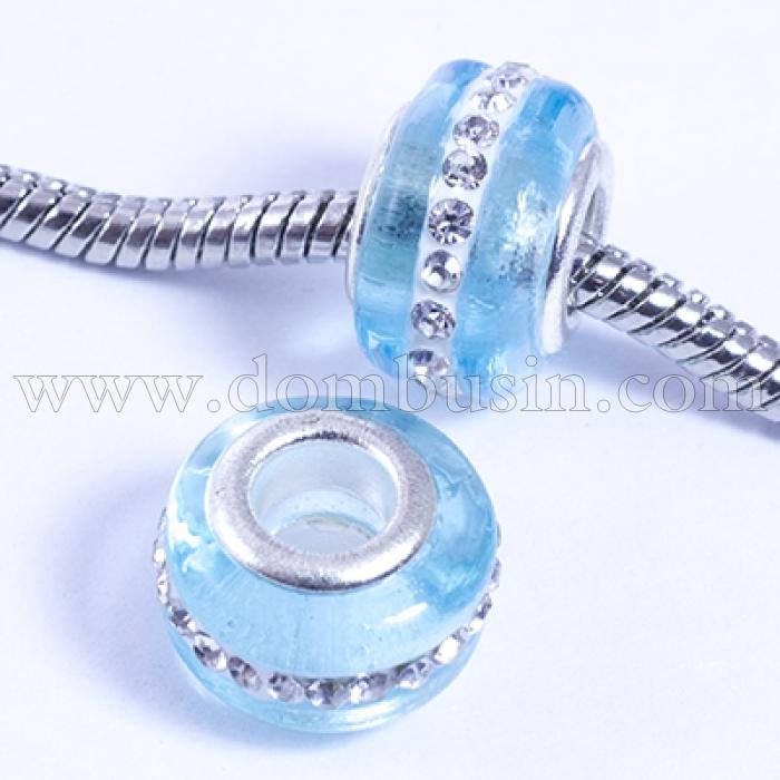 Шармы Евробусины Лэмпворк, Ручная Работа, Вставка из Латуни, Стразы Горный Хрусталь, Рондель, Цвет: Небесно-голубой, Размер: 13х9мм, Отв-тие 5мм, (УТ0029584)