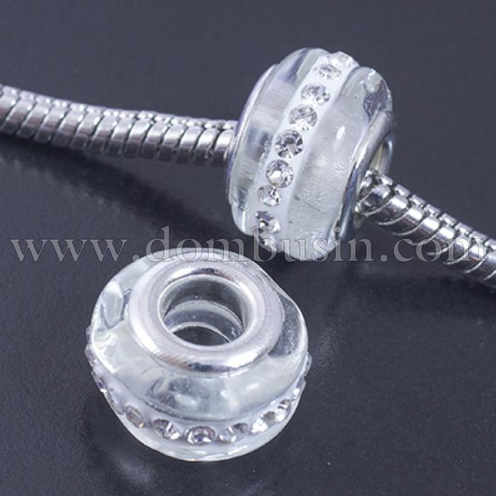 Шармы Евробусины Лэмпворк, Ручная Работа, Вставка из Латуни, Стразы Горный Хрусталь, Рондель, Цвет: Белый, Размер: 13х9мм, Отв-тие 5мм, (УТ0029585)