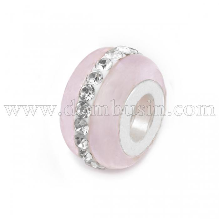 Шармы Евробусины Лэмпворк, Ручная Работа, Вставка из Латуни, Стразы Горный Хрусталь, Рондель, Цвет: Розовый, Размер: 13х9мм, Отв-тие 5мм, (УТ0029587)
