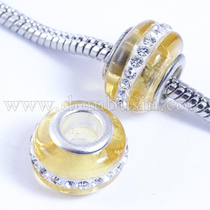 Шармы Евробусины Лэмпворк, Ручная Работа, Вставка из Латуни, Стразы Горный Хрусталь, Рондель, Светлый Хаки, 13х9мм, Отв-тие 5мм, (УТ0029589)