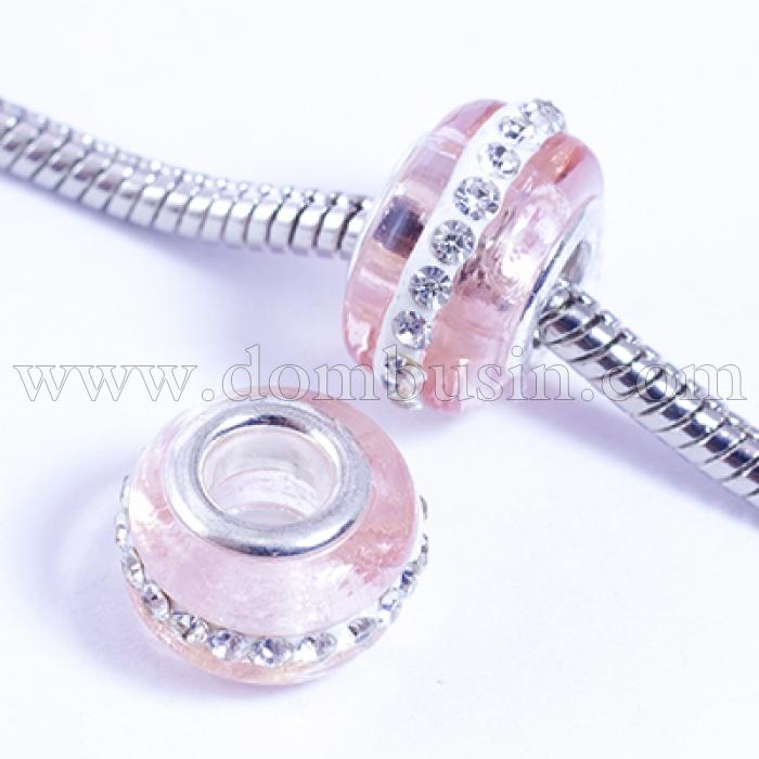 Шармы Евробусины Лэмпворк, Ручная Работа, Вставка из Латуни, Стразы Горный Хрусталь, Рондель, Цвет: Светло-лососевый, Размер: 13х9мм, Отв-тие 5мм, (УТ0029592)