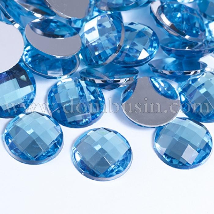 Акриловые Стразы - Кабошоны, Граненые, Плоские Круглые, Цвет: Небесно-голубой, Размер: 12х4мм, (УТ0029022)