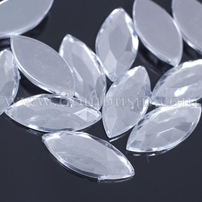 Акриловые Стразы - Кабошоны, Плоские сзади, Форма Конский Глаз, Граненые, Цвет: Бесцветный, Размер: 20х9х3мм, (УТ0029050)