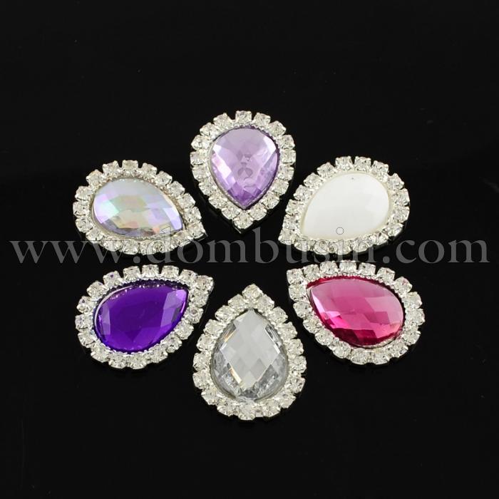 Стразы - Кабошоны Акрил, вокруг Стразы горный Хрусталь Класс А в основах Латунь цвета Серебро, Капля, Плоские сзади, Граненые, Цвет: Микс, Размер: 26х20х4мм, (УТ0029067)