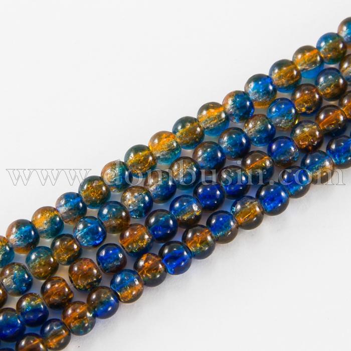 Намистини Скло Кракле 4мм, двоколірні, круглі, Колір: Коричнево-синій A57, Діаметр: 4 мм, Отвір 1мм, близько 200шт/80см/нитка, (УТ0031243)