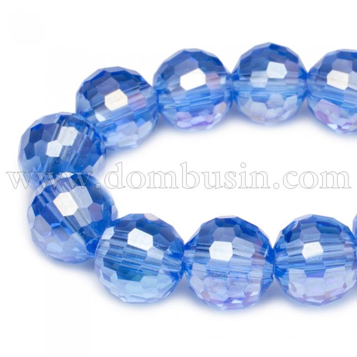 Бусины Стекло с Гальваникой, Граненые, АВ-цвет, Круглые, Цвет: Голубой, Диаметр 8мм, Отв. 1мм, около 72шт/58см/нить, (УТ0030915)