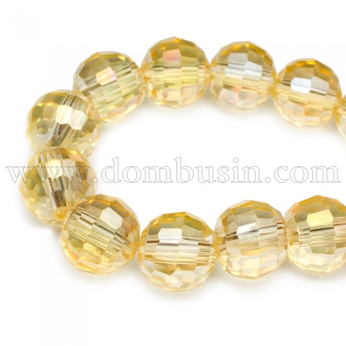 Бусины Стекло с Гальваникой, Граненые, АВ-цвет, Круглые, Цвет: Желтый, Диаметр 8мм, Отв. 1мм, около 72шт/58см/нить, (УТ0030932)