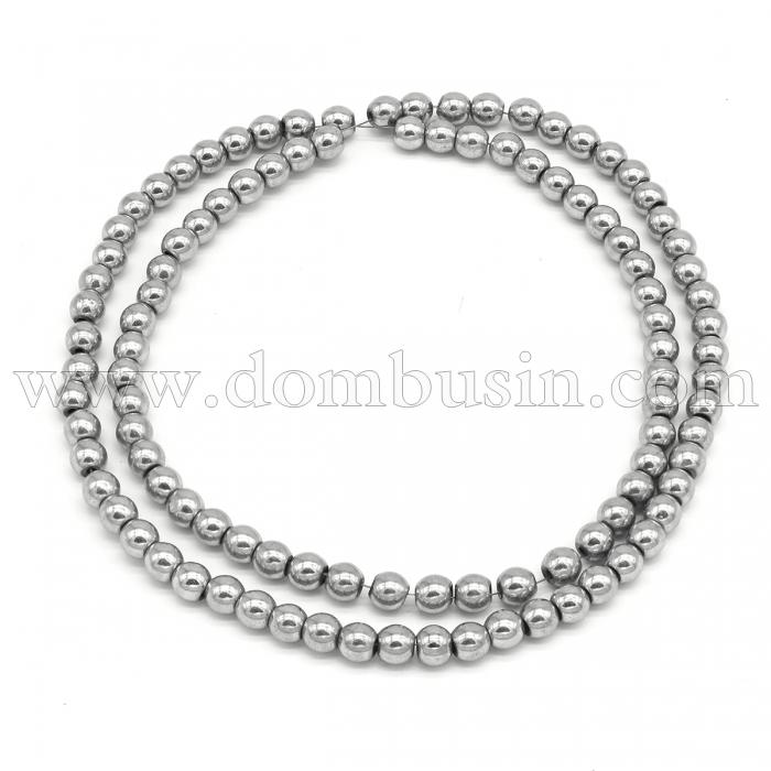 Бусины Синтетический Гематит, Немагнитный, на нитях, Круглые, Цвет: Платина, Размер: 4мм, Отв. 1мм, около 95шт/38см/нить, (УТ0030791)