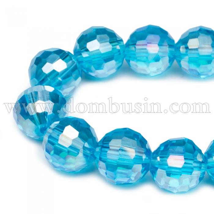Бусины Стекло с Гальваникой, Граненые, АВ-цвет, Круглые, Цвет: Небесно-голубой, Диаметр 8мм, Отв. 1мм, около 72шт/58см/нить, (УТ0030919)