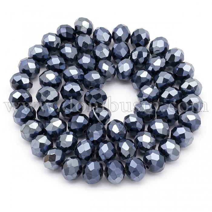 Бусины Хрустальные Жемчужный Блеск, Гальваническое стекло, Граненые, Рондель, Черный, 10х7мм, Отв-тие: 1мм, около 72шт/51см/нить (УТ0030947)