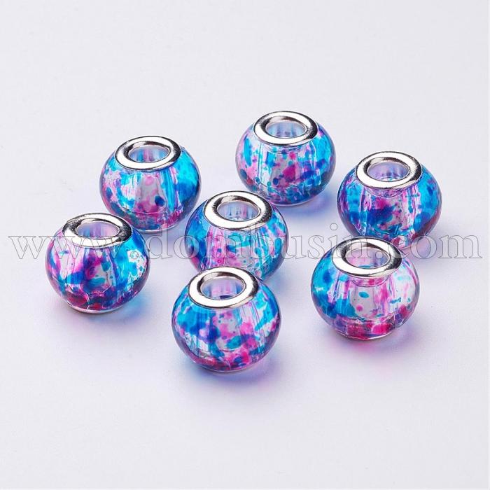 Шарми Евробусіни Скляні, Лаковані, Вставка з Латуні кольору Срібло, Рондель, Колір: Синій, Розмір: 15х12мм, Отвір 5мм, (УТ0030423)