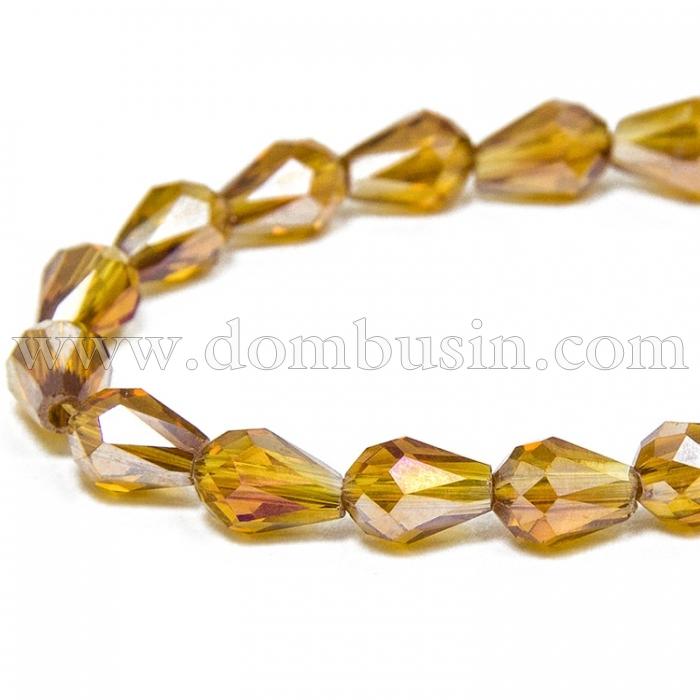 Бусины Гальваника Стекло АВ-Цвет, Граненые, Капля, Цвет: Охра, Размер: 7х5мм, Отв-тие: 1мм, около 72шт/53см/нить, (УТ0030846)