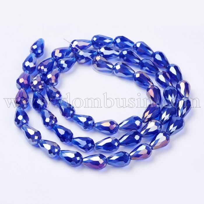 Бусины Гальваника Стекло АВ-Цвет, Граненые, Капля, Цвет: Синий, Размер: 7х5мм, Отв-тие: 1мм, около 72шт/53см/нить, (УТ0030847)