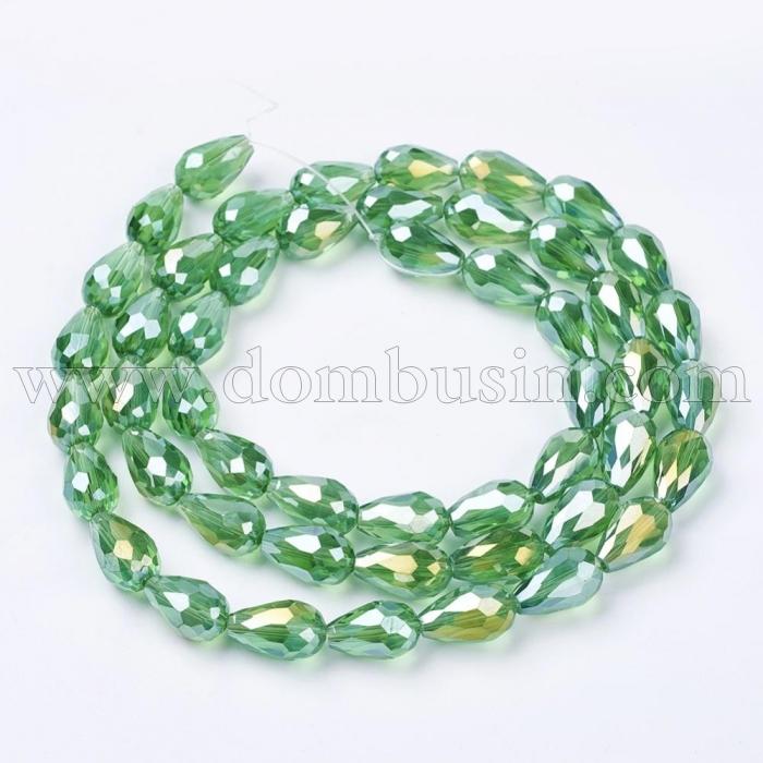 Бусины Гальваника Стекло АВ-Цвет, Граненые, Капля, Цвет: Морская Волна, Размер: 7х5мм, Отв-тие: 1мм, около 72шт/53см/нить, (УТ0030849)