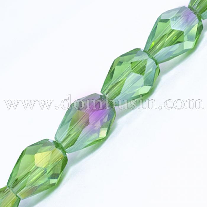 Бусины Гальваника Стекло АВ-Цвет, Граненые, Капля, Цвет: Лайм, Размер: 7х5мм, Отв-тие: 1мм, около 72шт/53см/нить, (УТ0030850)