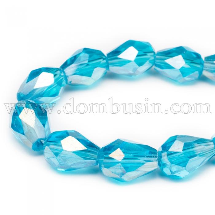 Намистини Гальваніка Скло АВ-Колір, Грановані, Крапля, Колір: Ціан, Розмір: 7х5мм, Отвір: 1мм, близько 72шт/53см/нитка, (УТ0030852)