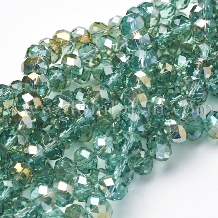 Бусины Гальваника Стекло АВ-Цвет, Граненые, Рондель, Цвет: Светло-зеленый, Размер: 4х3мм, Отв-тие: 1мм, около 140шт/42см/нить, (УТ0030860)