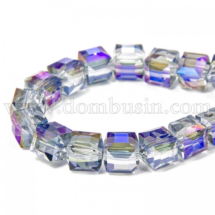 Бусины Гальваника Стекло, Кубики Граненые, Цвет: Серо-синий, Размер: 6х6х6мм, Отв-тие 1мм, около 100шт/60см/нить, (УТ0030980)