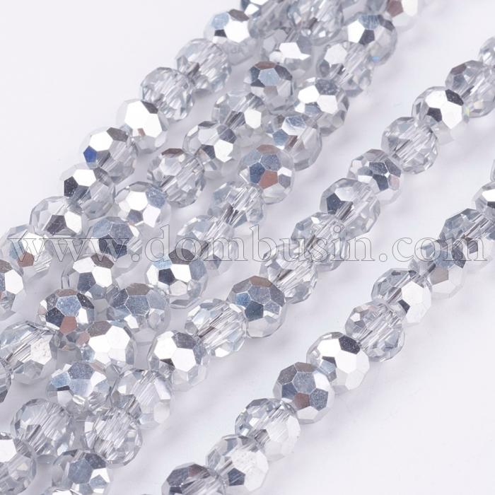 Бусины Стекло Гальваника, Граненые, полупокрытие, Круглые, Серебристые, 4мм, Отв. 1мм, ок. 85шт/35см/нить, (УТ0030994)