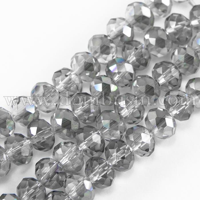 Бусины Стекло с Гальваникой, Граненые, Рондель, Полупокрытие, Цвет: Светло-серый, Размер: 10х7.5мм, Отв. 2мм, около 72шт/54см/нить, (УТ0031026)