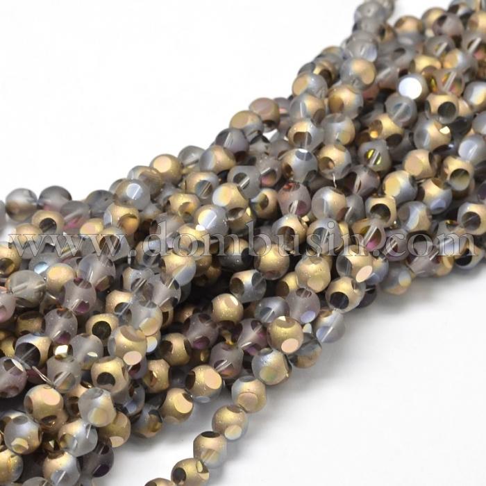 Намистини Скло з гальваніки, Грановані, райдужні, морозний стиль, Круглі, Колір: Золотистий, Діаметр 6.5мм, Отвір 1мм, близько 100шт/65см/нитка, (УТ0031328)