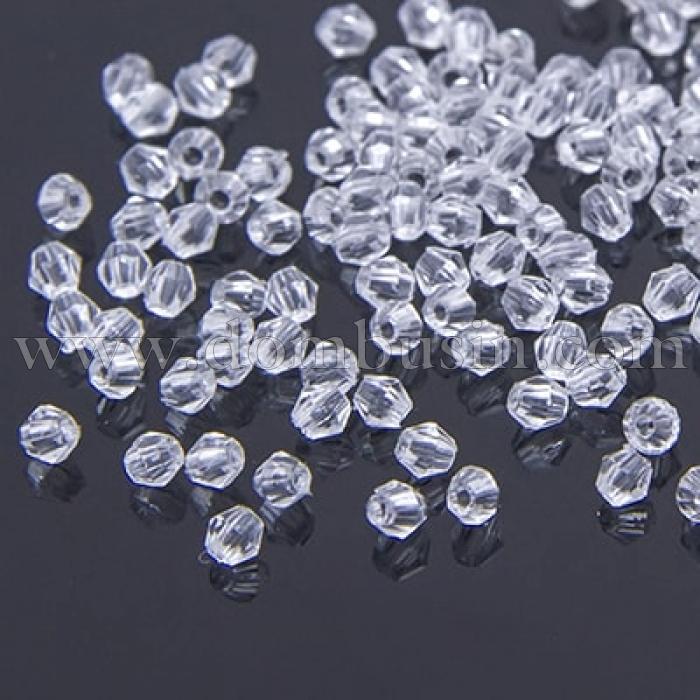 Намистини Акрил Кристал Біконус, Прозорі Грановані, Колір: Безбарвний, Розмір: Діаметр: 3 мм, Отвір 1мм, близько 2050шт/25г (УТ0030513)