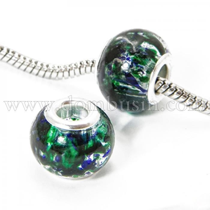 Шарми Євронамистини Скляні, Лаковані, Вставка з Латуні кольору Срібло, Рондель, Колір: Зелено-Синій, Розмір: 15х12мм, Отвір 5мм, (УТ0030421)