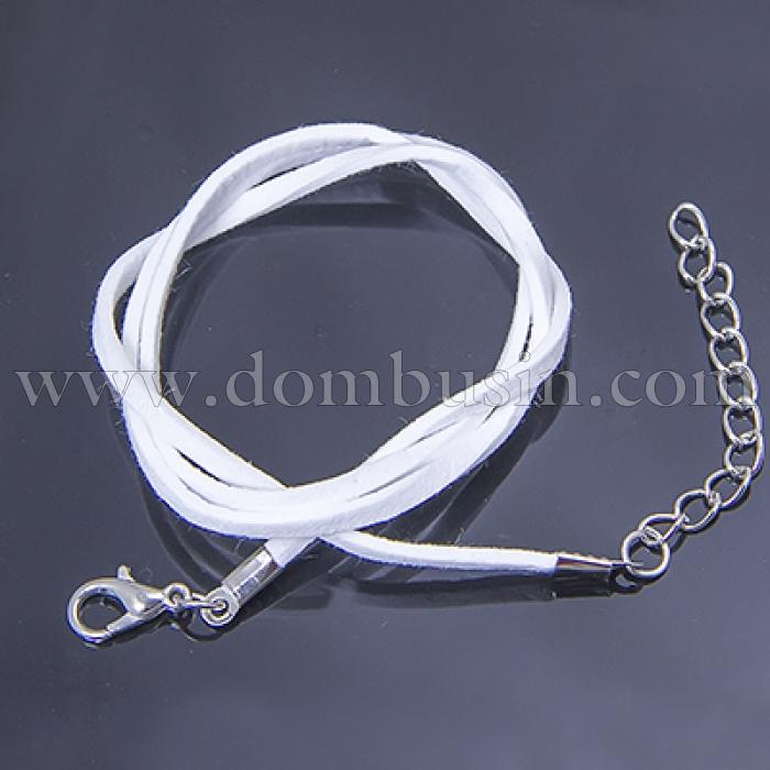 Основа для Намиста, Шнур Замшевий з Застібкою Карабін і Ланцюжком, Колір: Білий, Довжина 45см, Ширина 2.5мм, Товщина 2 мм, (УТ0030323)
