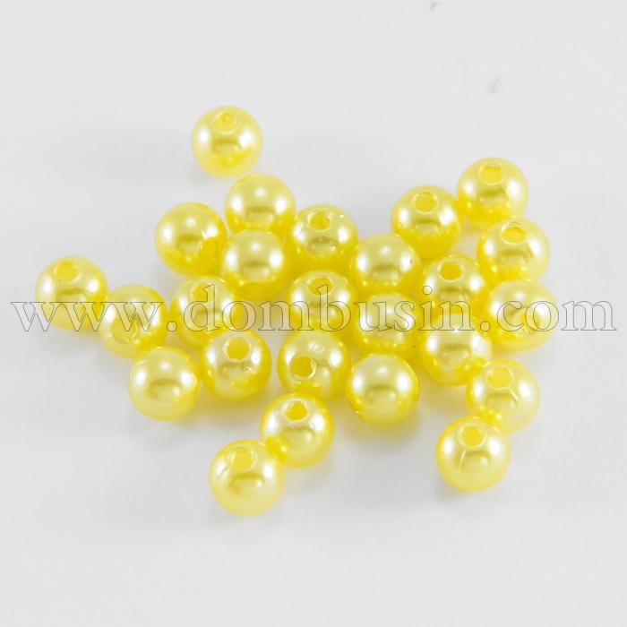 Перли Намистини Акрилові, Глянцеві, Круглі, Колір: Жовтий, Розмір: Діаметр 6мм, Отвір 1.5мм, близько 230шт/25г, (УТ0030200)