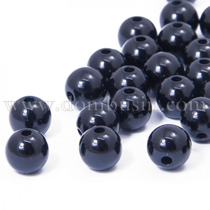 Перли Намистини Акрилові, Глянцеві, Круглі, Колір: Чорний, Розмір: Діаметр 10мм, Отвір 2.5мм, близько 50шт/25г, (УТ0030229)