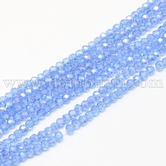 Бусины Стекло с Гальваникой, Граненые, АВ-цвет, Круглые, Цвет: Синий, Диаметр 4мм, Отв. 0.5мм, около 100шт/40см/нить, (УТ0031583)