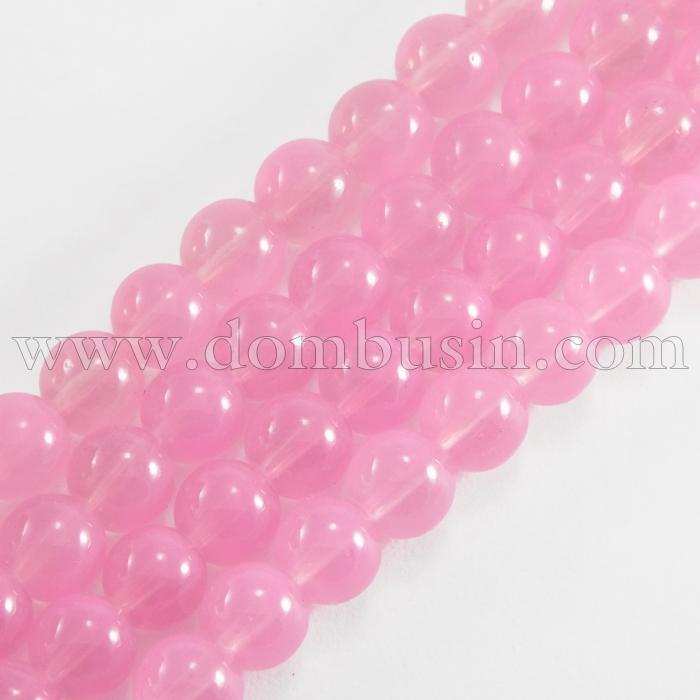 Намистини Скляні Імітація Нефриту, Форма: Кругла, Колір: Рожевий DK114, Діаметр: 8 мм, Отвір 1мм, близько 101шт/81см/нитка, (УТ0031664)