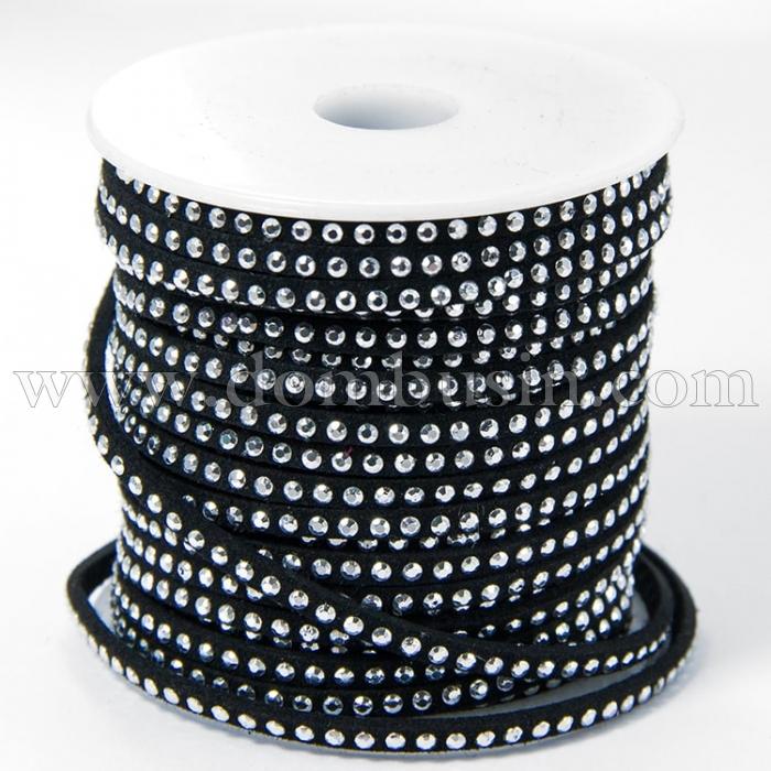 Шнур Замшевий, із сріблястими алюмінієвими вставками, Колір: Чорний, Розмір: 3х2мм, (УТ100005685)