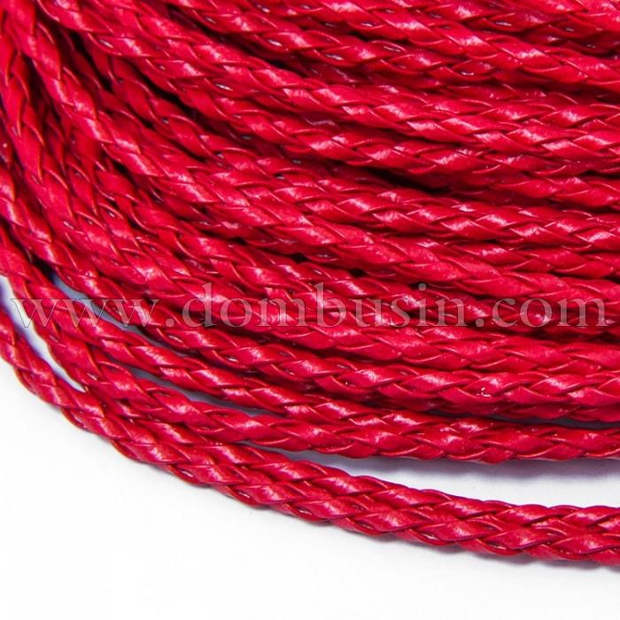 Шнур Штучна Шкіра, Плетений, Колір: Червоний, Розмір: Діаметр 3мм, (УТ100005950)