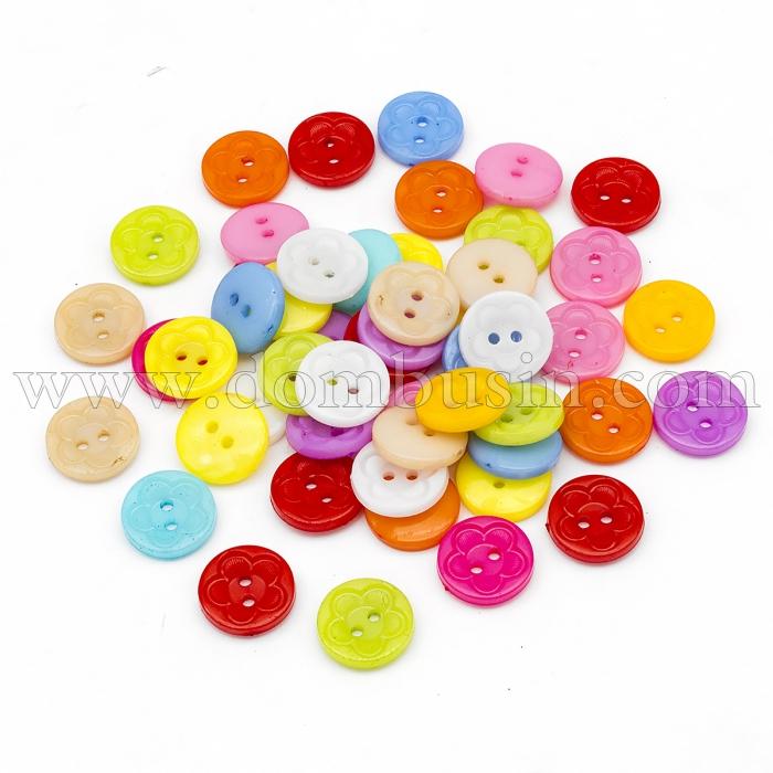 Пуговицы Акриловые, 2-отверстия, Круглые Плоские, Микс, 15х3мм, Отв-тие: 1мм, (УТ100005866)