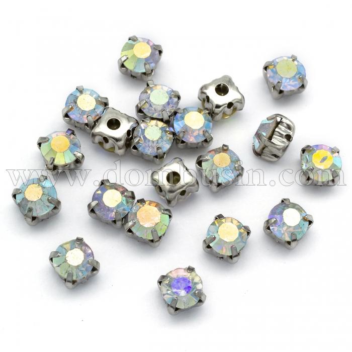 Пришивные Стеклянные Стразы Класс А, Цапы Латунь платинового цвета, Круглые, Цвет: АВ-Цвет, Размер: 6х5мм, Отв-тие 1.5мм, (УТ100005829)