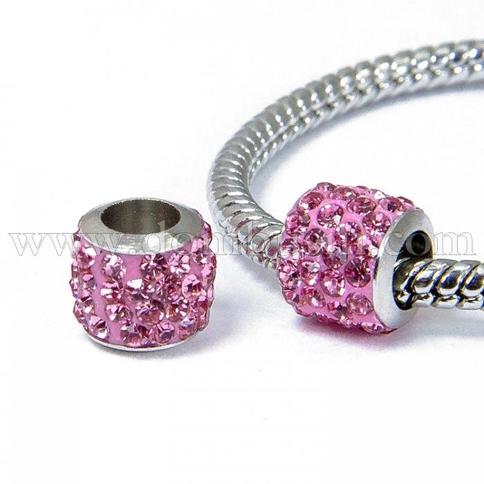 Шармы Евробусины Латунь и Стразы класс А, с Полимерной Глиной, Цилиндр, Цвет Страз: Розовый, Размер: 8.5х7.5мм, Отв. 5мм, (УТ100007457)