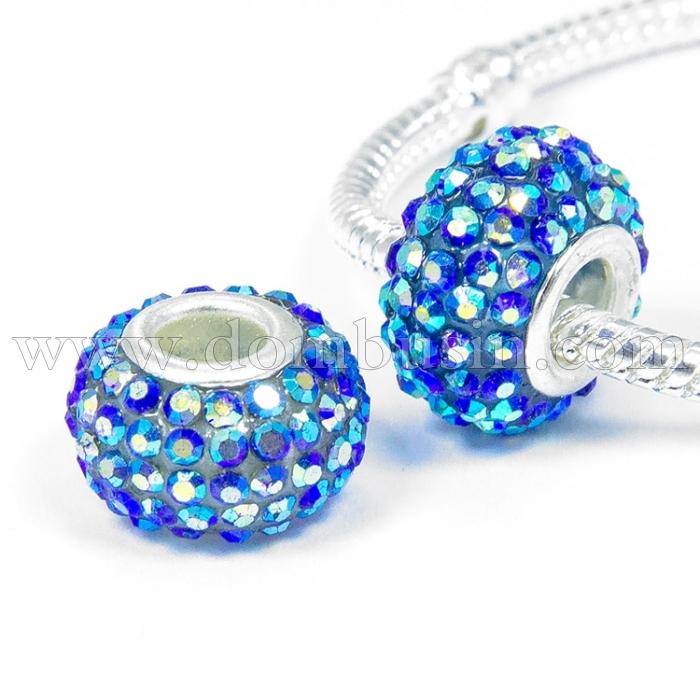 Шармы Евробусины из Смолы и Страз, класс А, Вставка из Латуни, Рондель, Цвет Страз: Синий АВ, Размер: 15х10мм, Отв. 5мм, (УТ100007654)